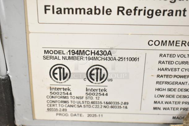 BRAND NEW Avantco 194MCH430A Ice Machine, 400 lb capacity, 115V, 1 Phase. ETL certified, serial number 194MCH430A-25110061.