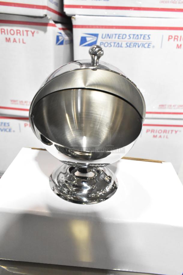 Brand new scratch and dent stainless steel chafer, shiny finish, spherical design, minor imperfections visible.