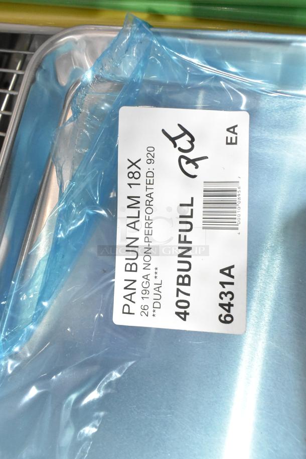 Brand new aluminum baking pan, model PAN BUN ALM 18X, non-perforated, tag indicates "26 19GA."