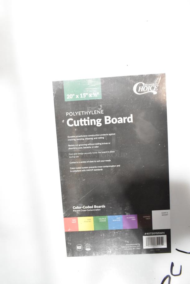 Polyethylene cutting board, 20"x15"x½", Choice brand. Features non-skid design, color-coding system for HACCP compliance.