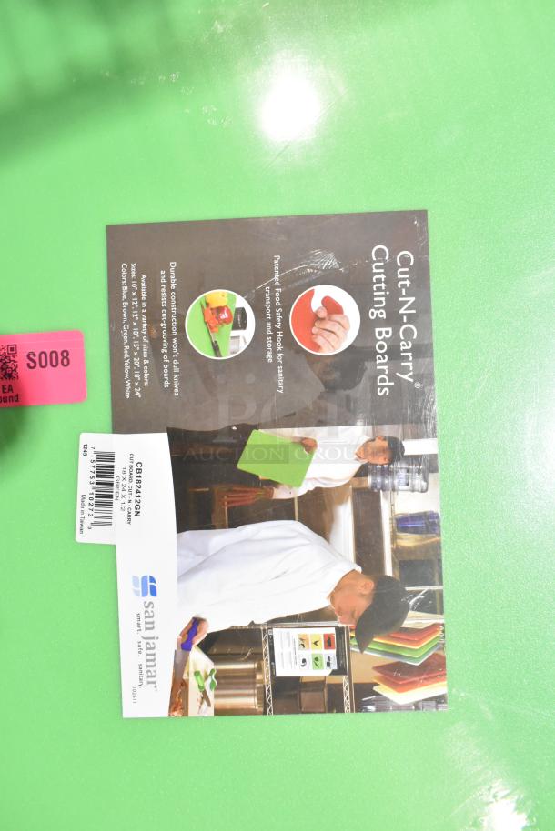 Cut-N-Carry Cutting Boards in green, brand San Jamar, model CB182412GN. Includes product info and durable features.