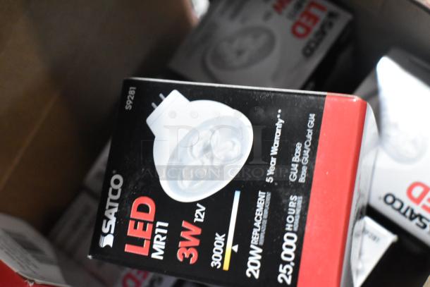 Satco LED MR11 light bulb, 3W 12V, 3000K, 20W replacement, 25,000-hour lifespan, 5-year warranty, GU4 base.