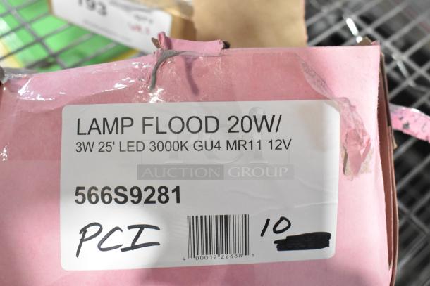 New lamp flood with LED light, 20W, 3W 25', 3000K, GU4 MR11 12V; labeled 566S9281, PCI, on pink packaging.