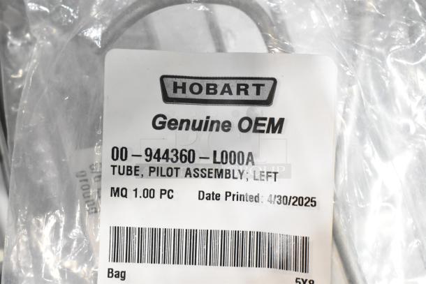 Brand new Hobart pilot tube assembly, model 00-944360-L000A, genuine OEM, labeled with product and date details.