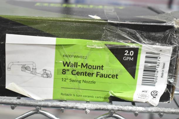 BRAND NEW Regency 600FWM812 wall mount faucet with 8" centers, 12" swing spout, 2.0 GPM, made in Taiwan, in original packaging.