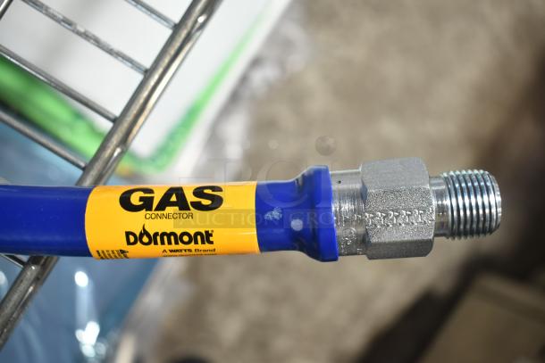 BRAND NEW Dormont Gas Hose with slight scratches, blue and yellow labeling, metal fittings, connector included.