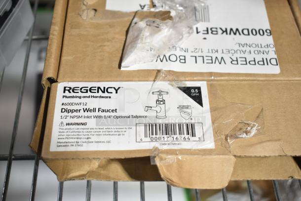 Regency 600DWF12 dipper well faucet in box. Brand new with scratch and dent. 0.5 GPM, 1/2" NPSM inlet, optional tailpiece.
