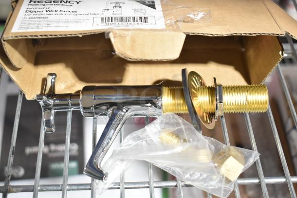 Brand new Regency 600DWF12 dipper well faucet in original packaging, includes threaded tailpiece, brass material, 1/2" NPSM inlet.