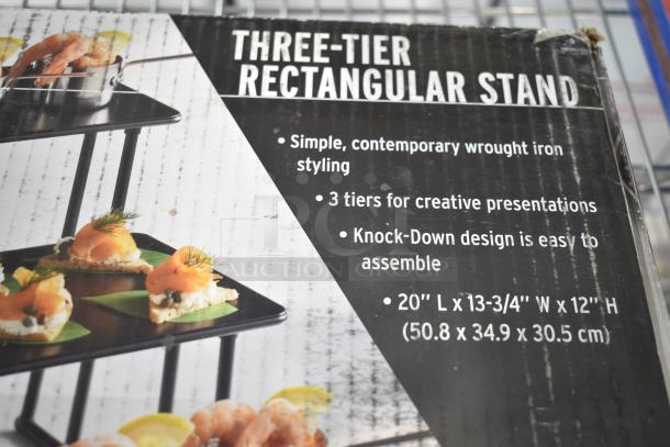 American Metalcraft ISP18 3-Tier Rectangular Riser Stand, black, scratch and dent, simple wrought iron design, 20x13.75x12 inches.
