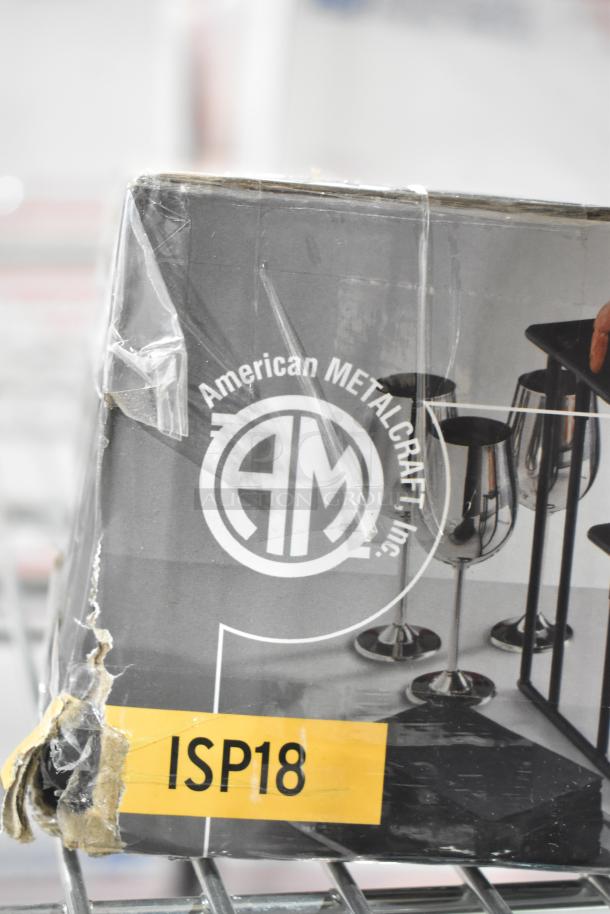 BRAND NEW SCRATCH AND DENT! American Metalcraft ISP18 3-Tier Black Rectangular Fixed Riser Stand, visible packaging damage.