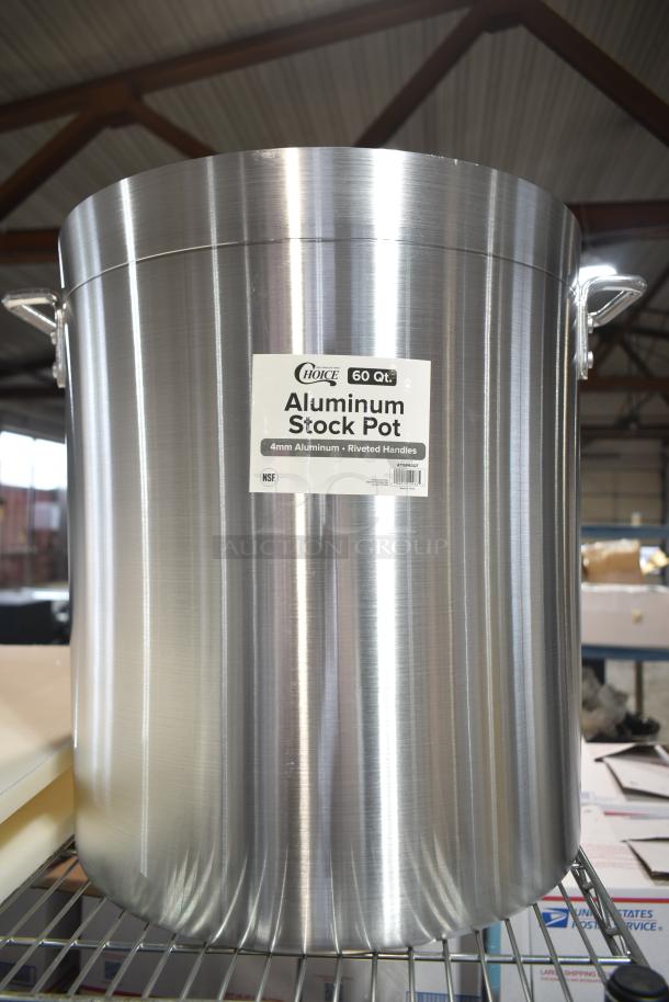 Aluminum stock pot, 60 qt, Choice brand, 4mm aluminum, riveted handles, label indicates model 471SP60QT, NSF certified.