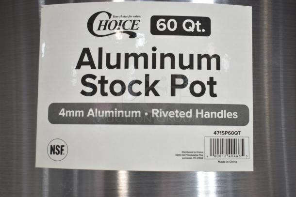 "Choice 60 Qt. Aluminum Stock Pot, 4mm thick, riveted handles, model 471SP60QT, NSF certified, new condition."