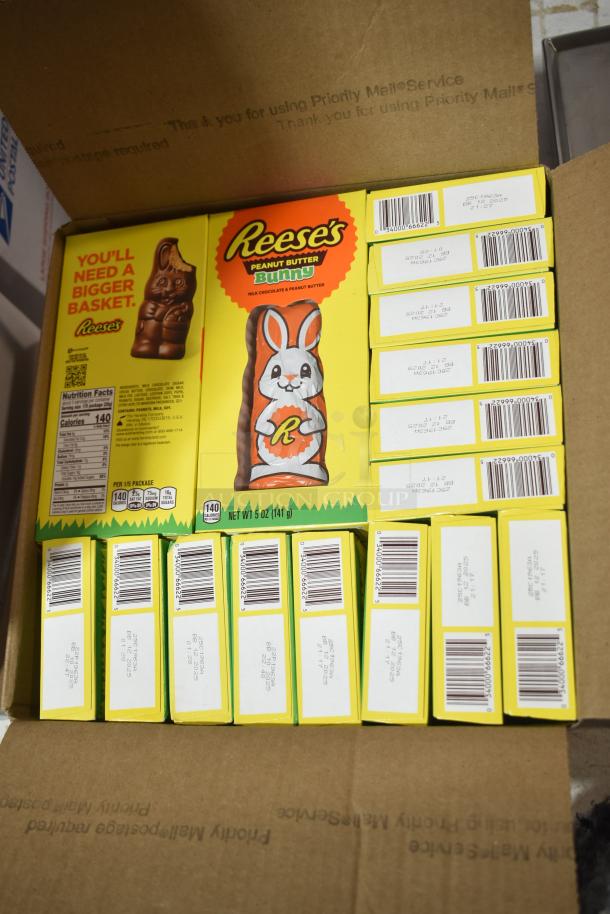 Box of 10 Reese's Peanut Butter Bunny candies, 5 oz each. Bright packaging with nutritional info and expiration dates visible.