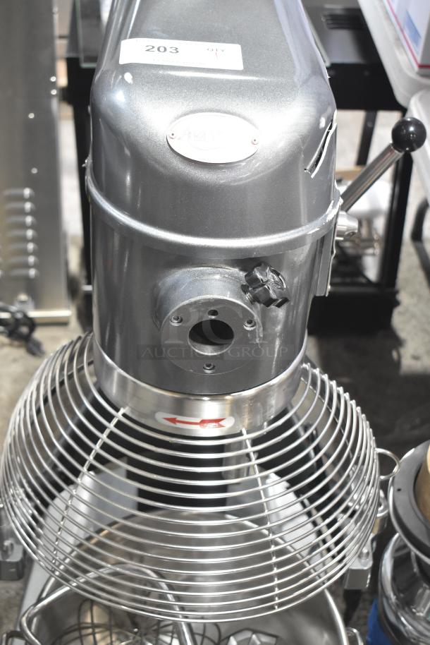 Brand new Avantco 177MX30H 30-quart dough mixer, includes bowl, guard, hook, paddle, and whisk. Some cosmetic dents visible.