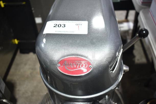 Alt text: "Avantco 177MX30H commercial dough mixer with metallic finish, showing brand label and auction sticker reading '203 QTY PCIauctions.com' on top."
