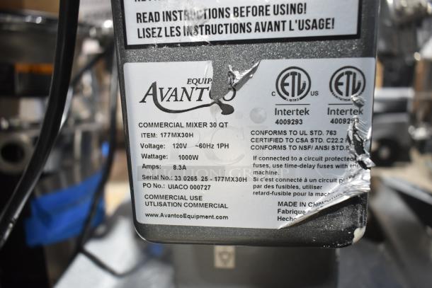 Brand new Avantco 177MX30H commercial 30 qt planetary dough mixer with bowl, guard, hook, paddle, and whisk. 120V, 1 phase.