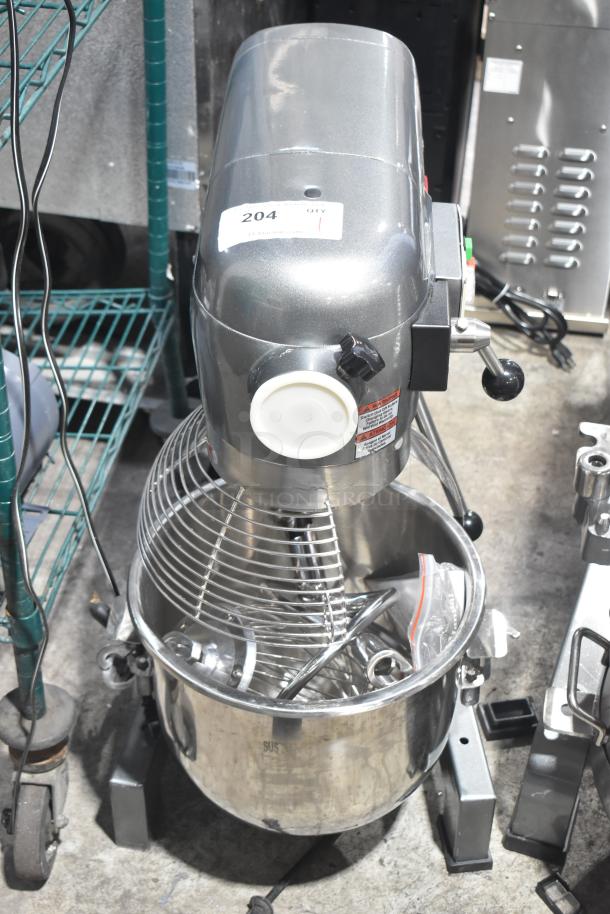Brand new Avantco 177MX20H 20 qt planetary dough mixer with bowl guard, attachments, 120V, slight scratches, model label visible.