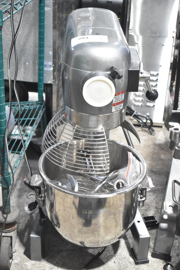 Brand new Avantco 177MX20H 20-Quart Dough Mixer, includes bowl, guard, hook, paddle, whisk, 120V, minor scratches.