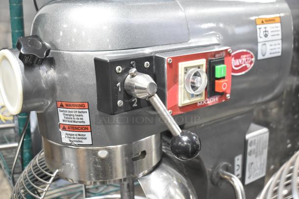 Brand new Avantco 177MX20H commercial 20-quart dough mixer with bowl, guard, hook, paddle, whisk, tags attached.