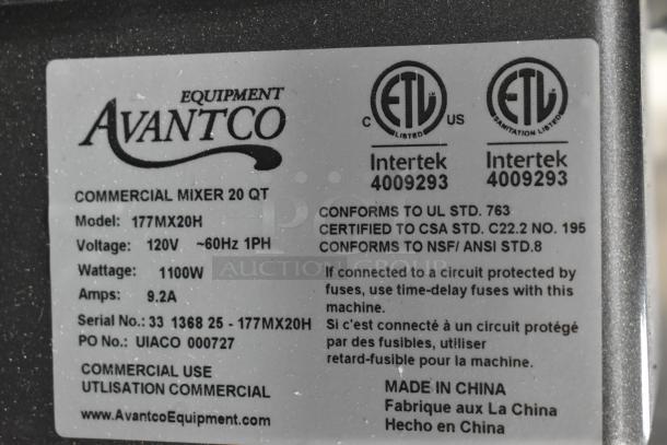 Avantco 177MX20H Commercial Dough Mixer, 20 Qt, 120V, with attachments, brand new, scratch and dent condition, label details.