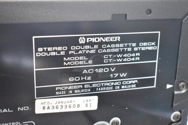 Pioneer CT-W404R Stereo Double Cassette Deck label showing specifications: AC 120V, 60Hz, 17W, made in Malaysia, manufactured January 1997.