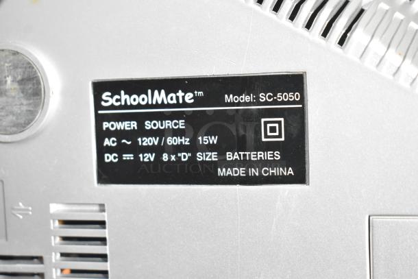 Label on SchoolMate SC-5050 CD Player; power source info; AC 120V/60Hz 15W, DC 12V, 8 "D" batteries, Made in China.