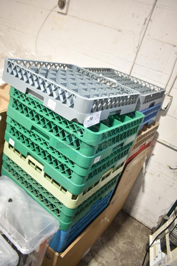 Brand new scratch and dent dish caddies, stacked, multicolored, labels visible on sides, ideal for commercial use.