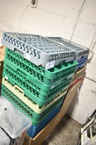 Brand new scratch and dent dish caddies, stacked, multicolored, labels visible on sides, ideal for commercial use.