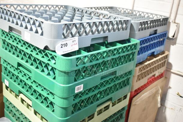 Brand new scratch and dent dish caddies, assorted colors, stacked. Visible label: "210 QTY". Ideal for efficient storage.