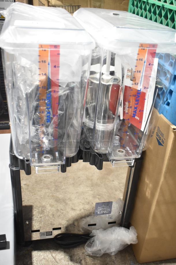 Brand new Carnival King JETCOF 240M double 5-gallon refrigerated beverage dispenser, 120V, with "max level" markings visible.