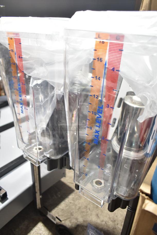 Brand new 2025 Carnival King JETCOF 240M double bowl beverage dispenser, 5-gallon capacity, 120 volts, visible max level markers.