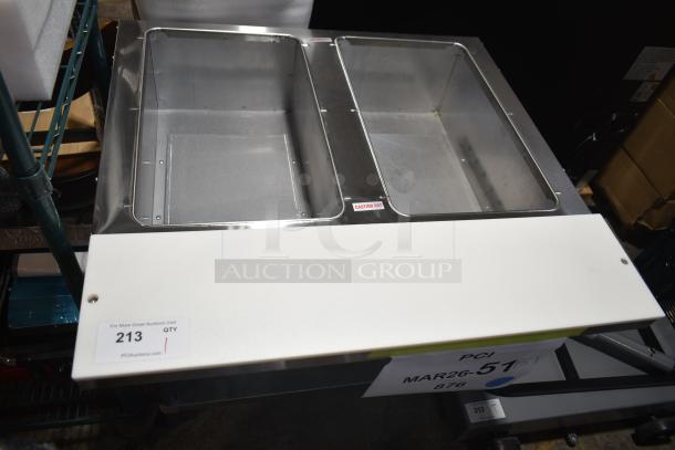 Brand new Advance Tabco HF-2G-LP hot food table, liquid propane, two-pan, open well, with "Caution Hot" markings.
