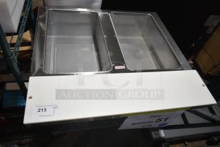 Brand new Advance Tabco HF-2G-LP hot food table, liquid propane, two-pan, open well, with "Caution Hot" markings.