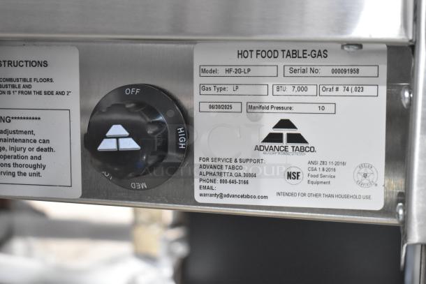 BRAND NEW Advance Tabco HF-2G-LP Hot Food Table. Liquid propane, two pan capacity, BTU 7,000. Scratch and dent model.