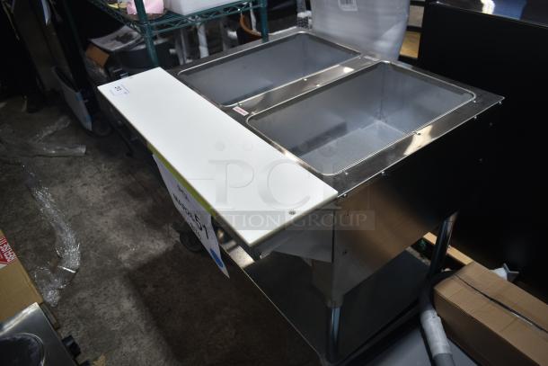 Brand new Advance Tabco HF-2G-LP hot food table, two-pan, liquid propane, open well, stainless steel, minor scratches.