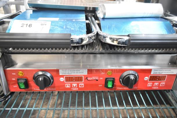 Avantco PG400T commercial dual panini grill, grooved plates, timer, 19 5/8" x 9 1/8" surface, scratch and dent, new.