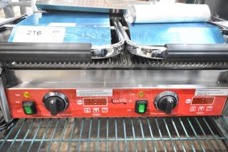 Avantco PG400T commercial dual panini grill, grooved plates, timer, 19 5/8" x 9 1/8" surface, scratch and dent, new.