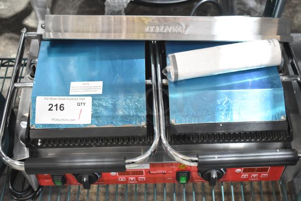 BRAND NEW Avantco PG400T Dual Panini Grill, grooved plates, 19 5/8" x 9 1/8" surface, with timer, label "QTY 216."