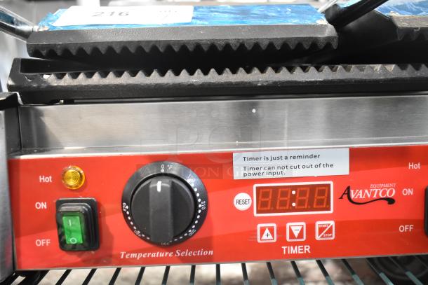 BRAND NEW Avantco PG400T commercial panini grill, grooved plates, 19 5/8" x 9 1/8" surface, timer, labeled controls.