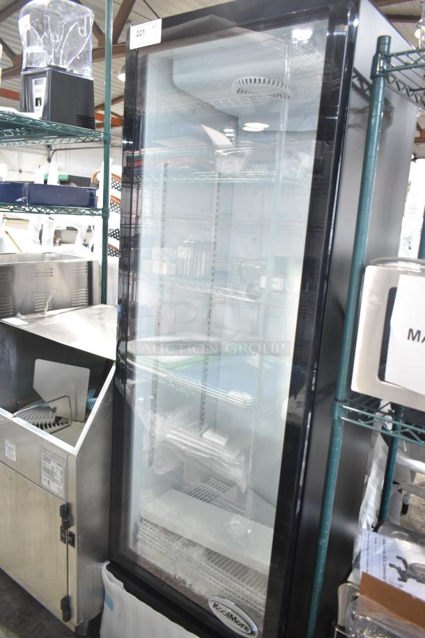 Brand new KoolMore KM-MDR-1GD-10C display refrigerator, glass door, 115V, 1 phase, commercial cooler, minor scratch and dent.