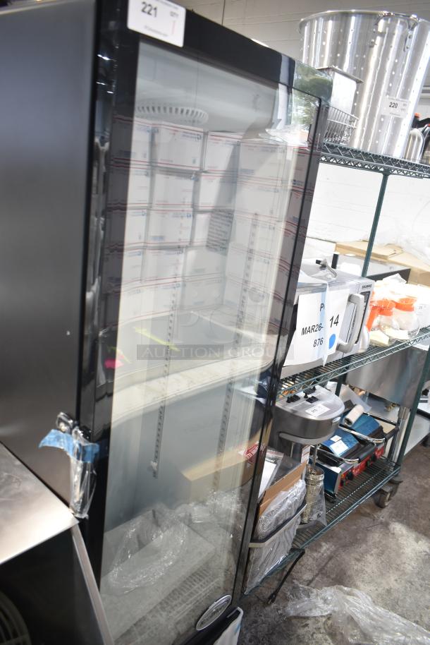 BRAND NEW KoolMore KM-MDR-1GD-10C commercial glass door refrigerator cooler, 115V, visible packaging tape, minor scratches.