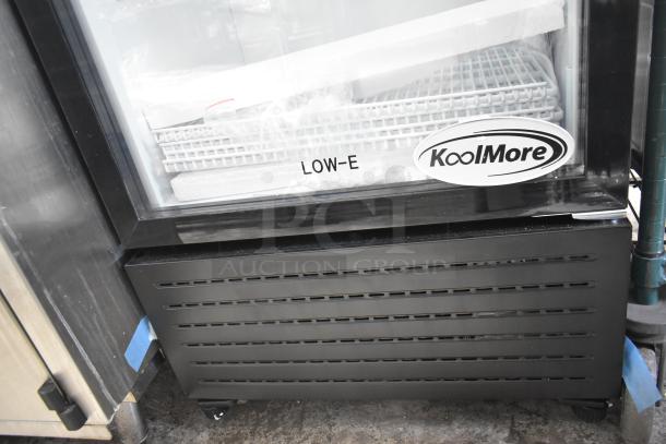 Brand new KoolMore KM-MDR-1GD-10C glass door refrigerator, commercial display, 115V, with "LOW-E" glass marking.