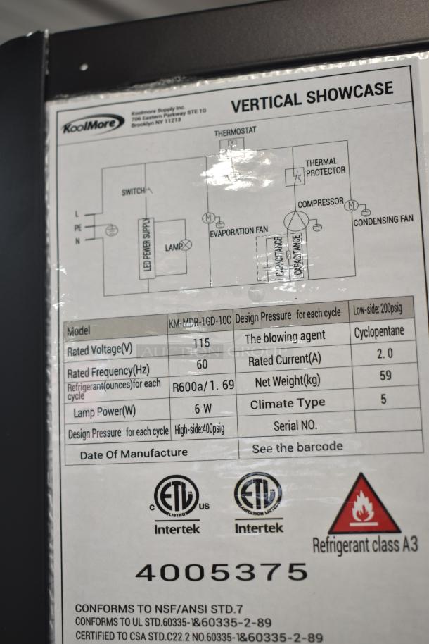 Alt text: KoolMore KM-MDR-1GD-10C Commercial Display Refrigerator label, 115V, R600a refrigerant, Intertek certified.