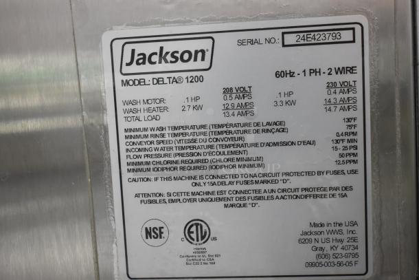 BRAND NEW 2024 Jackson DELTA 1200 Commercial Glass Washer. Scratch and dent condition. Model info and specs visible. 208/230V.