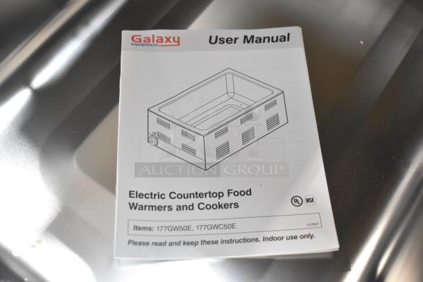 Brand new Galaxy GW50E electric food warmer manual on a countertop. Model shown is full-size, 12"x20", 120V, 1 phase.