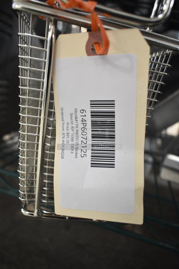 6 new scratch and dent items, including Pitco® P6072125 basket, skillet, lids. Item tag shows model 614P6072125.