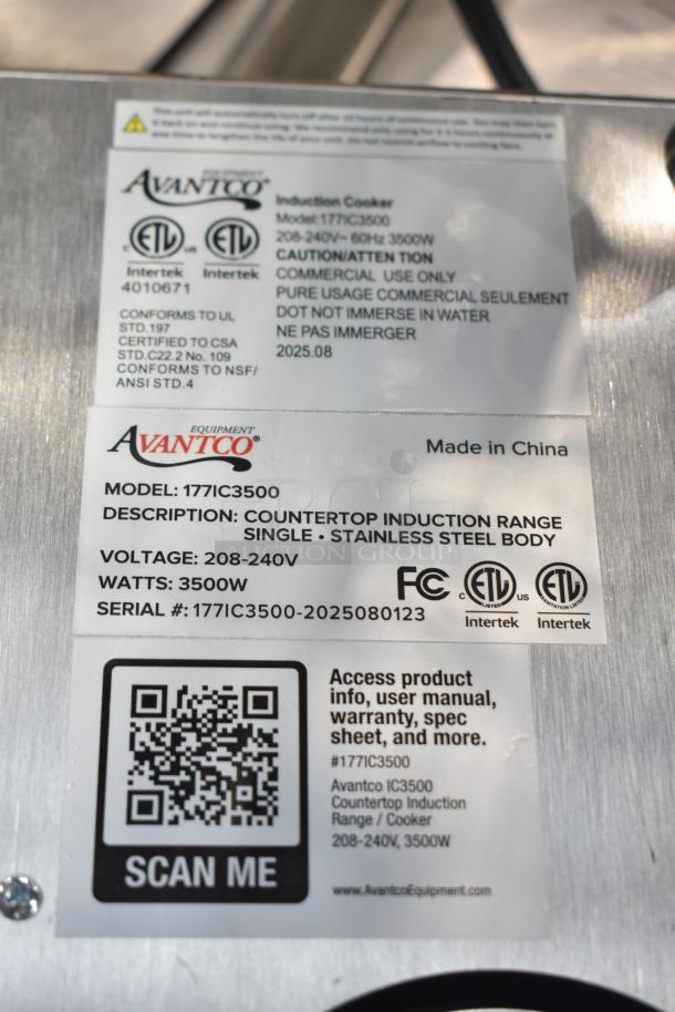 "Avantco 177IC3500 countertop induction cooker, 208-240V, 3500W, stainless steel, brand new with scratch and dent, labels visible."