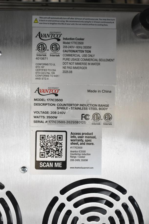 Avantco 177IC3500 Induction Range, new scratch and dent, 208-240V, 1 phase, 3500W, stainless steel. Labels show specs and QR code.