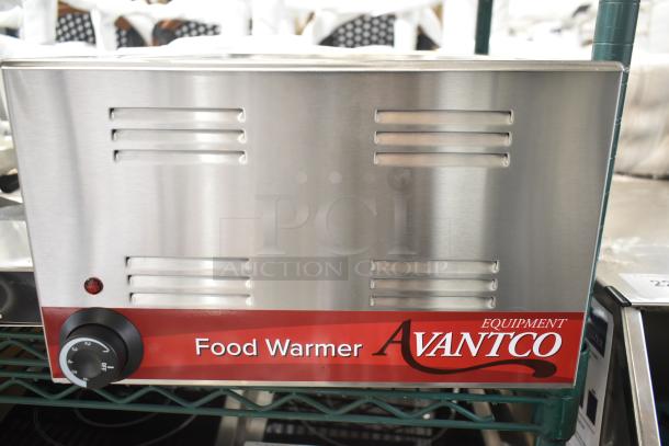 Brand new Avantco 177W50 electric food warmer, 12"x20", scratch and dent condition, 120V, 1 phase, temperature dial visible.