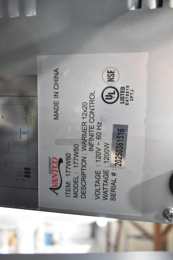 Avantco 177W50 food warmer tag, showing model, voltage 120V, wattage 1200W, NSF, UL listed, made in China.